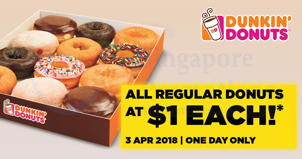 Featured image for Dunkin' Donuts: $1 regular donuts at almost ALL outlets on Tuesday, 3 Apr 2018!