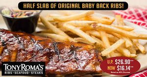 Featured image for Tony Roma’s: 30% to 40% off half slab of Original Baby Back Ribs at two outlets! Ends 30 Apr 2018