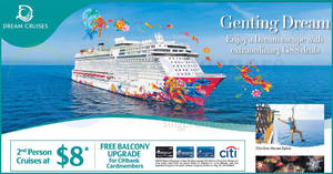 Featured image for Dream Cruises: 2nd person cruises at $8 & free balcony upgrade GSS deals! From 8 May 2018