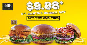 Featured image for (EXPIRED) Chili’s: Enjoy selected burgers for $9.88+ for one-day only! Valid on 24 Jul 2018