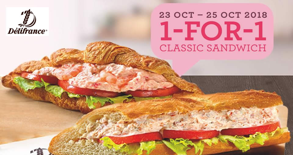 Featured image for Delifrance: 1-for-1 classic sandwiches at almost all outlets from 23 - 25 Oct 2018