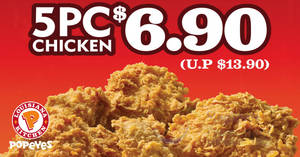 Featured image for Popeyes: 5pcs chicken for $6.90 (U.P. $13.90) deal to return on 9 Jun 2019