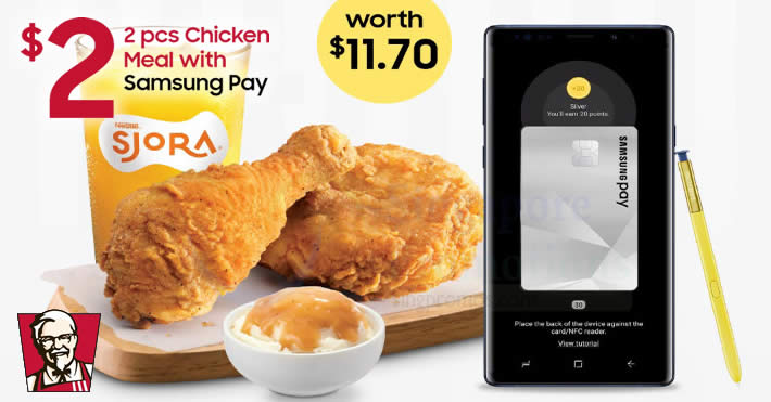 Featured image for Enjoy KFC 2pcs chicken meal for only $2 (worth $11.70) when you pay with Samsung Pay! Valid till 16 Nov 2018