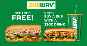 Featured image for Subway: Get a sub free when you buy a sub with 22oz drink on Thursday, 1 Nov 2018