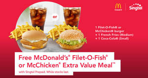 Featured image for (EXPIRED) (FULLY REDEEMED) Get a FREE McDonald’s® Filet-O-Fish® or McChicken® Extra Value Meal™ from now till 31 December 2018 with Singtel Prepaid