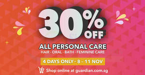 Featured image for (EXPIRED) Guardian is offering 30% off ALL personal care (hair, oral, bath, feminine care) products till 11 Nov 2018