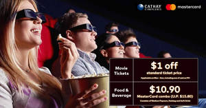 Featured image for (EXPIRED) Cathay Cineplexes: Enjoy $1 off movie tickets & a special F&B combo with Mastercard till 30 June 2019