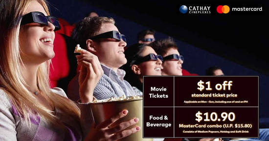 Featured image for Cathay Cineplexes: Enjoy $1 off movie tickets & a special F&B combo with Mastercard till 30 June 2019