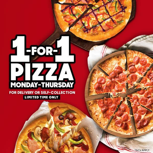 Pizza Hut Enjoy 1FOR1 pizzas via delivery/selfcollect orders for a
