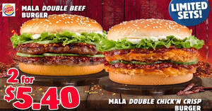 Featured image for (EXPIRED) Burger King’s Mala Double Beef/Chicken Burgers are going at 2-for-$5.40 with this deal valid till 31 July 2019
