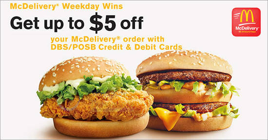 Featured image for Enjoy up to S$5 off your McDelivery® order when you use your DBS/POSB Card to pay! Valid till 30th Sept 2019