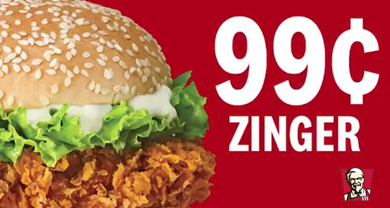 Featured image for KFC Zinger Burger at $0.99 (U.P. $5.30) promo code valid for delivery orders till 31 August 2019