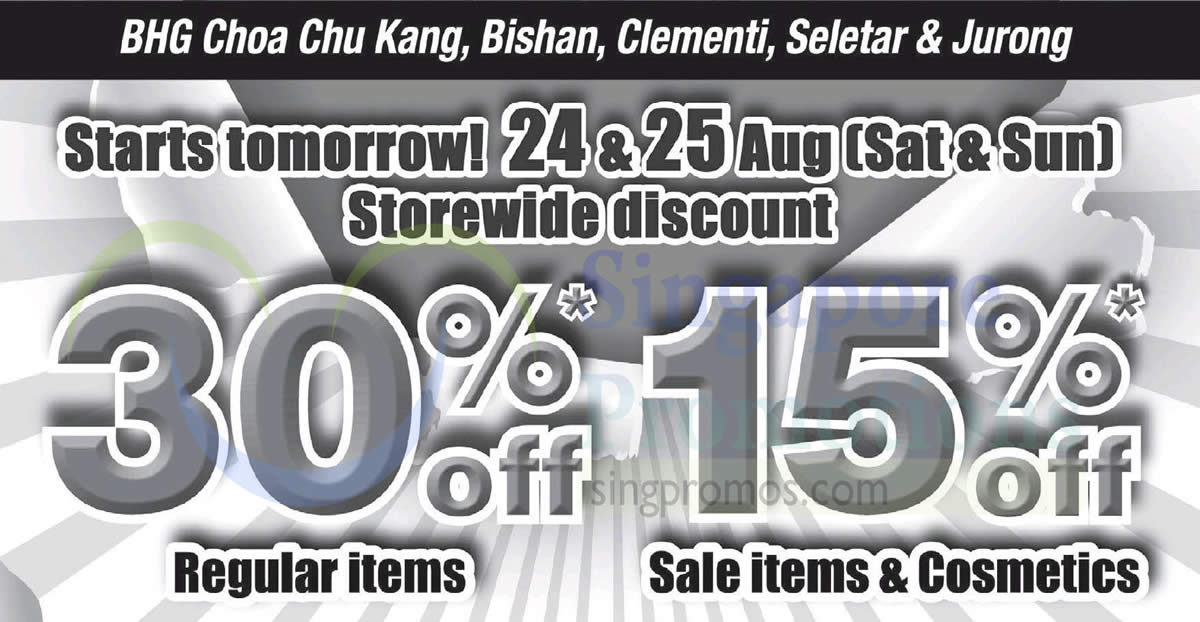 Featured image for BHG: 30% OFF reg-priced items & 15% OFF sale items/cosmetics at almost all outlets from 24 - 25 August 2019