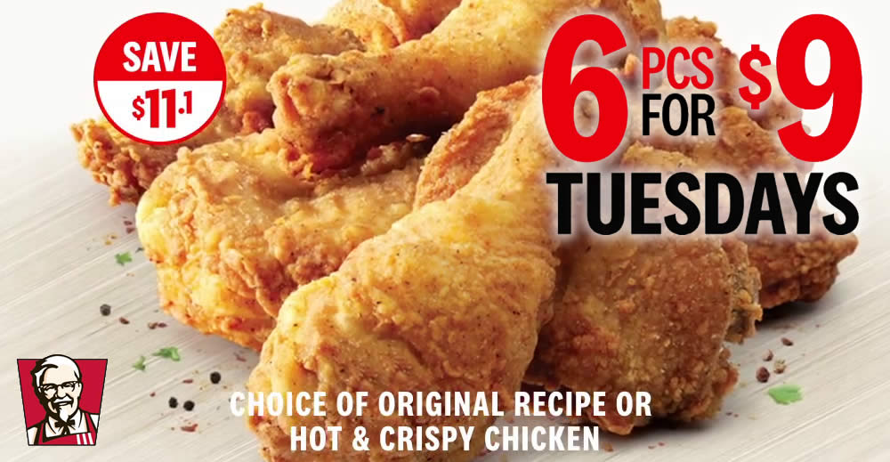 Featured image for KFC is offering 6 pieces of signature Original Recipe or Hot & Crispy chicken for just $9 on Tuesdays till 1 Oct 2019