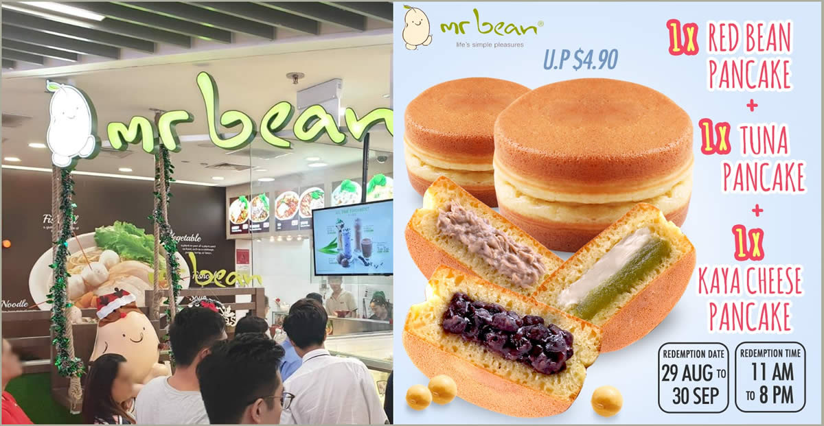 Featured image for Mr Bean: S$3.50 for 3 pancakes (Red Bean Pancake + Tuna Pancake + Kaya Cheese Pancake) deal from 21 Aug 2019