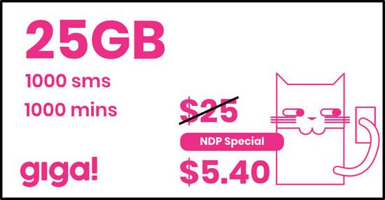Featured image for giga National Day Weekend Special: $5.40 (U.P. $25) for 25GB, 1000mins, 1000SMS (first mth only) till 12 Aug 2019