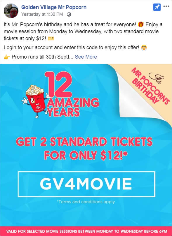 12 for two Golden Village movie tickets in celebration of GV s