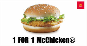 Featured image for McDonald’s will be offering 1-for-1 McChicken® burger from 27 – 29 Sept 2019