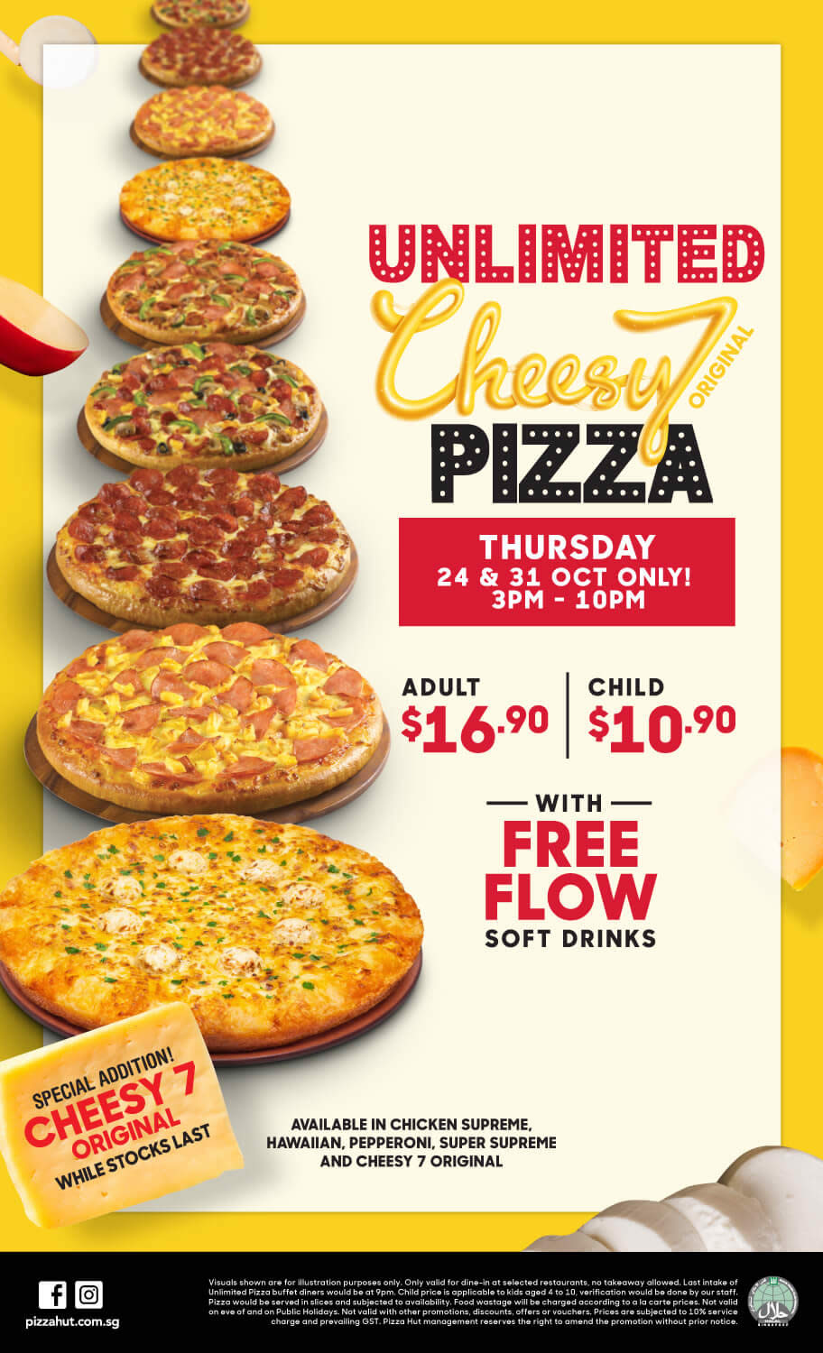 Pizza Hut: Enjoy an all-you-can-eat pizza buffet with free flow soft drinks  every Thursday from 3pm – 10pm!