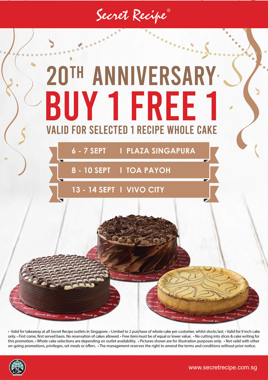 Secret Recipe Is Offering 1 For 1 Whole Cakes On Selected Days From 6 14 Sept 2019