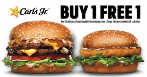 Featured image for Carl’s Jr is giving away free Crispy Chicken Sandwich with every purchase of California Classic Double Cheeseburger till 1 Nov 2019