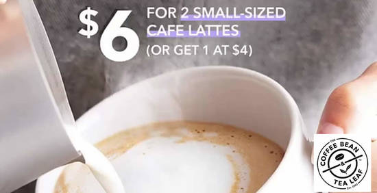 Featured image for The Coffee Bean & Tea Leaf is offering 2 small-sized Cafe Lattes at $6 till 2 October 2019