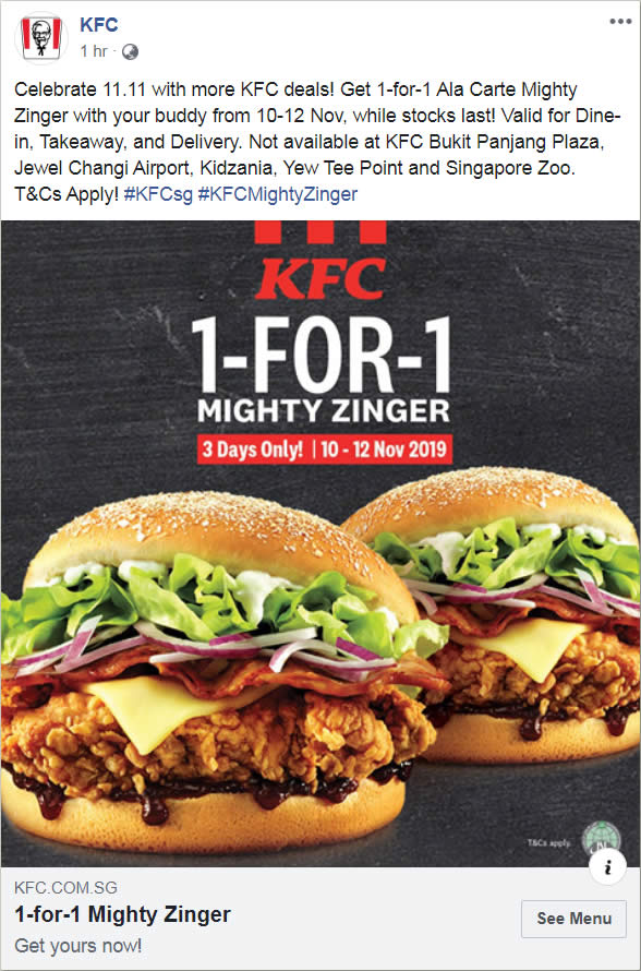 (EXPIRED) KFC 1for1 Mighty Zinger burger for Dinein, Takeaway, and