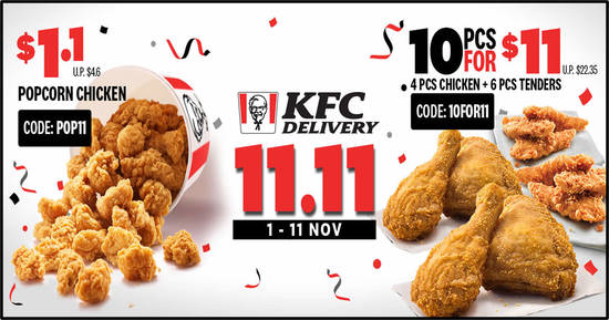 Featured image for KFC Delivery 11.11 Online Exclusive Codes valid till 11 November 2019