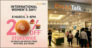 Featured image for BreadTalk is offering 20% OFF storewide on regular-priced items in celebration of International Women’s Day (8th March ’20, 3pm – 8pm)