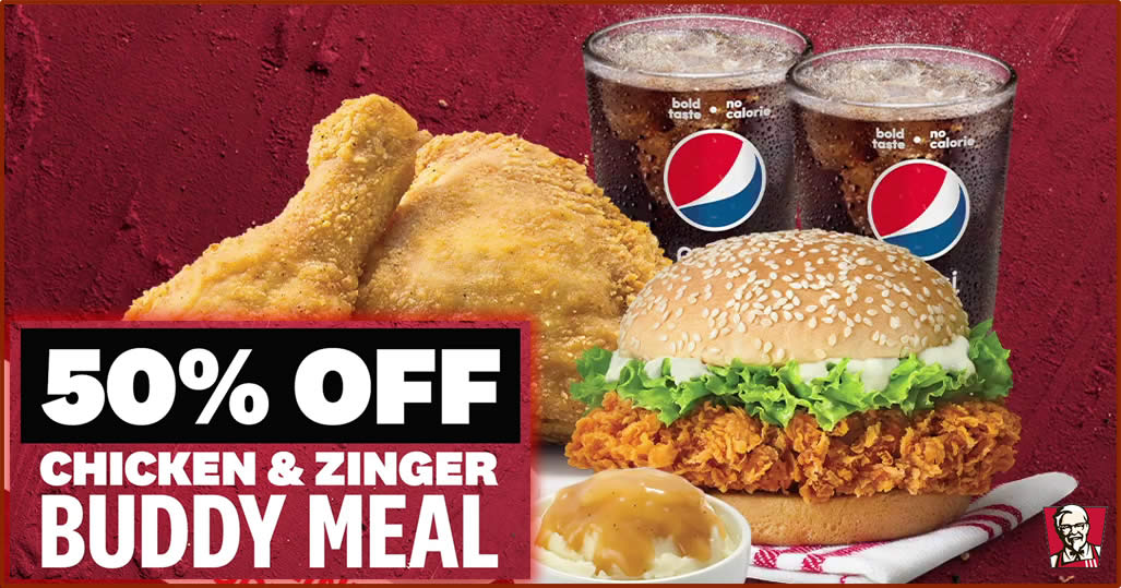 Featured image for KFC Delivery: Get 50% off Chicken & Zinger Buddy Meal for a limited time - valid for takeaways too (From 4 March 2020)