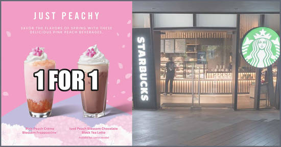 Starbucks: 1-for-1 Pink Peach Creme Blossom Frappuccino® and Peach Blossom Chocolate Black Tea Latte (23 to 25 March ’20) - 1