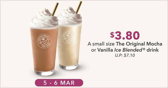 Featured image for The Coffee Bean & Tea Leaf is offering Original Ice Blended drinks at $3.80 (U.P. $7.10) specially for the ladies (5 - 6 Mar 2020)