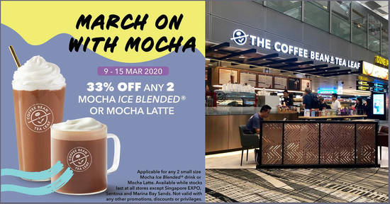 Featured image for The Coffee Bean & Tea Leaf: 33% off any two small size Mocha Ice Blended drink or Mocha Latte (9 - 15 Mar '20)