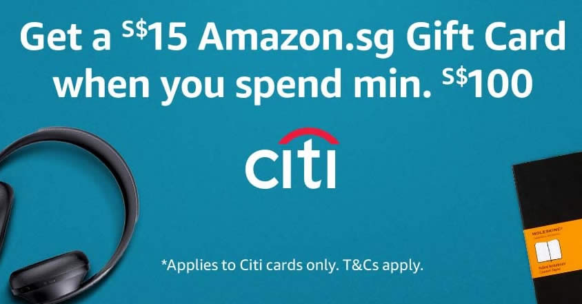 Featured image for Amazon.sg: Get a S$15 Amazon.sg Gift Card when you spend S$100 or more using your Citibank card till 30 June 2020