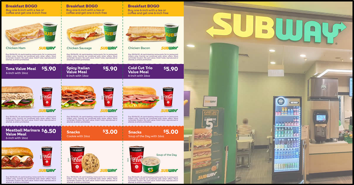 Featured image for Subway extends their takeaway coupon deals including the 1-for-1 breakfast sub offer till 30 June 2020