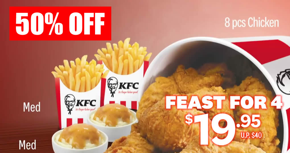 Featured image for KFC S'pore is offering a special 8pc chicken meal deal at 50% off for a limited time (From 7 July 2020)