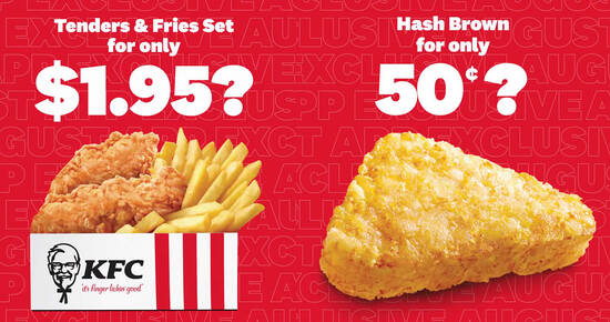 Featured image for KFC: 50 cents Hash Brown and $1.95 Tenders and Fries App deals till 31 Aug 2020