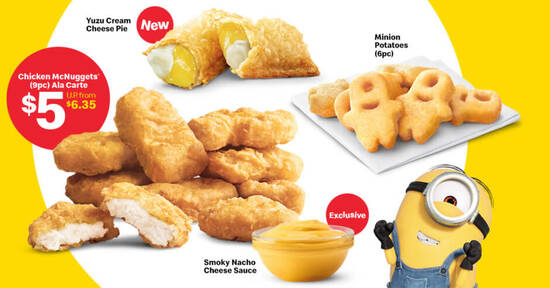 Featured image for McDonald's is offering 9pcs Chicken McNuggets at $5 (U.P. $6.35) along with new Minion menu items from 3 Sep 2020