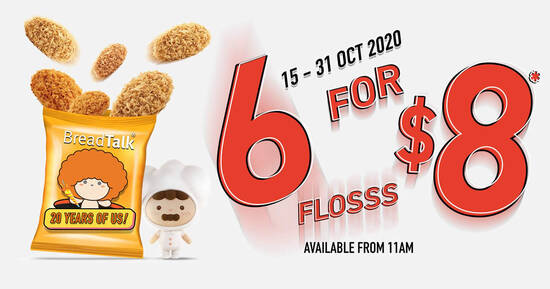 BreadTalk to offer their signature Flosss buns at 6-for-$8 from 11am daily till 31 Oct 2020 - 1