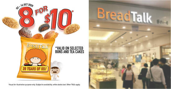 Featured image for BreadTalk: $10 for eight buns & tea cakes at most outlets from now till 14 October 2020