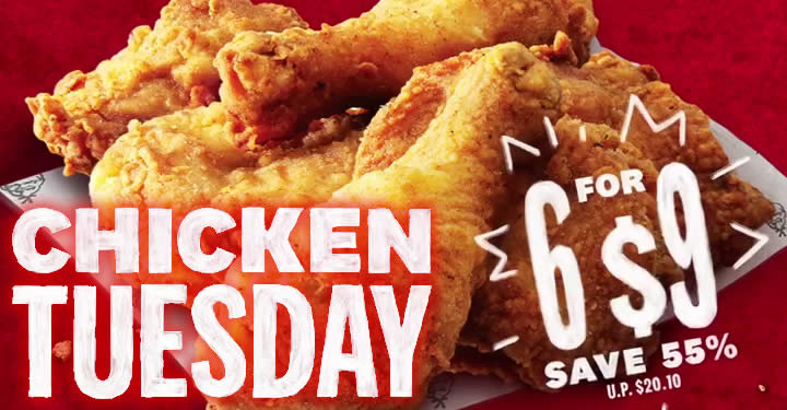 Featured image for KFC: Enjoy 6 pieces of their delicious fried chicken for only $9 on Tuesdays till 17 Nov 2020