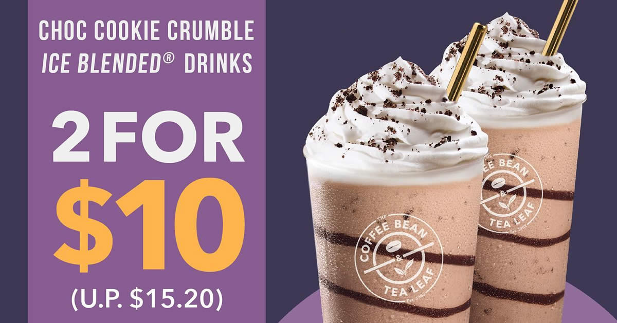 Featured image for The Coffee Bean & Tea Leaf: $10 (usual: $15.20) for two Choc Cookie Crumble Ice Blended drinks till 29 Oct 2020