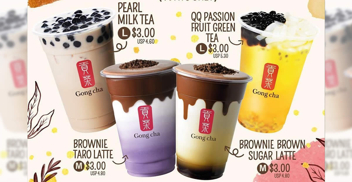 Gong Cha 3 drinks including Pearl Milk Tea L more at