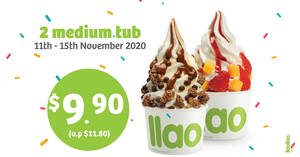 Featured image for llaollao: Enjoy 2 Medium Tubs for only $9.90 (Usual Price: $11.80) at all outlets from 11 – 15 Nov 2020