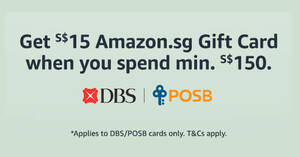 Featured image for Amazon.sg: Get a S$15 Gift Card when you spend S$150 or more using DBS/POSB cards till 7 Feb 2021