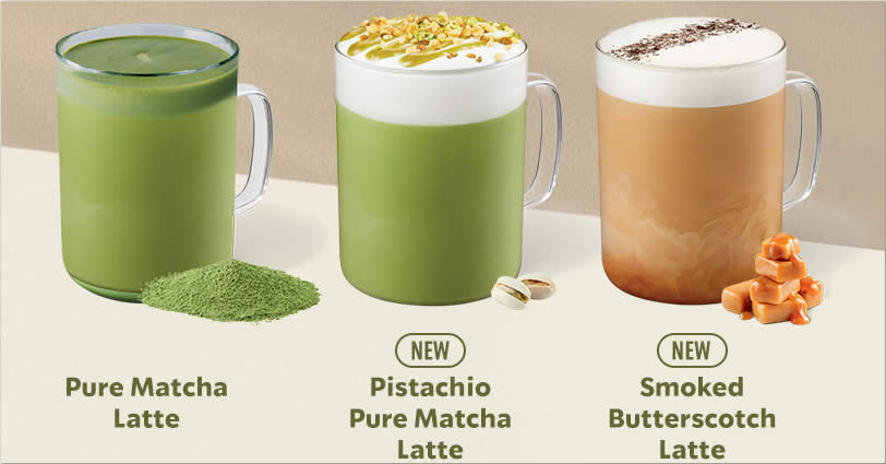 Featured image for Starbucks: New Pure Matcha Latte, Pistachio Pure Matcha Latte and Smoked Butterscotch Latte from 4 Jan 2021