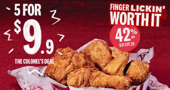Featured image for KFC: Colonel's Deal - Grab 5 pieces of crispy fried chicken for just $9.90 till 9 March 2021