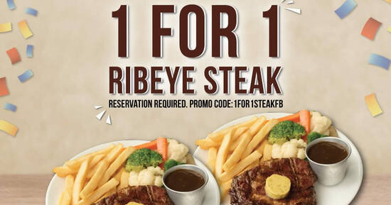 Morganfield’s is offering 1-for-1 Ribeye Steak when you apply this promo code for your reservation (1 – 14 Mar) - 1
