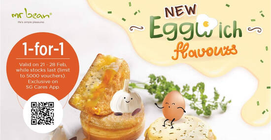 Featured image for Mr Bean: Enjoy 1 for 1 Eggwich when you log in via the SG Cares App from 21 - 28 February 2021