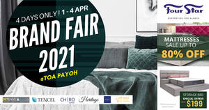 Featured image for Four Star Mattress Brand Fair 2021 offers discounts of up to 80% off! From 1 – 4 April 2021